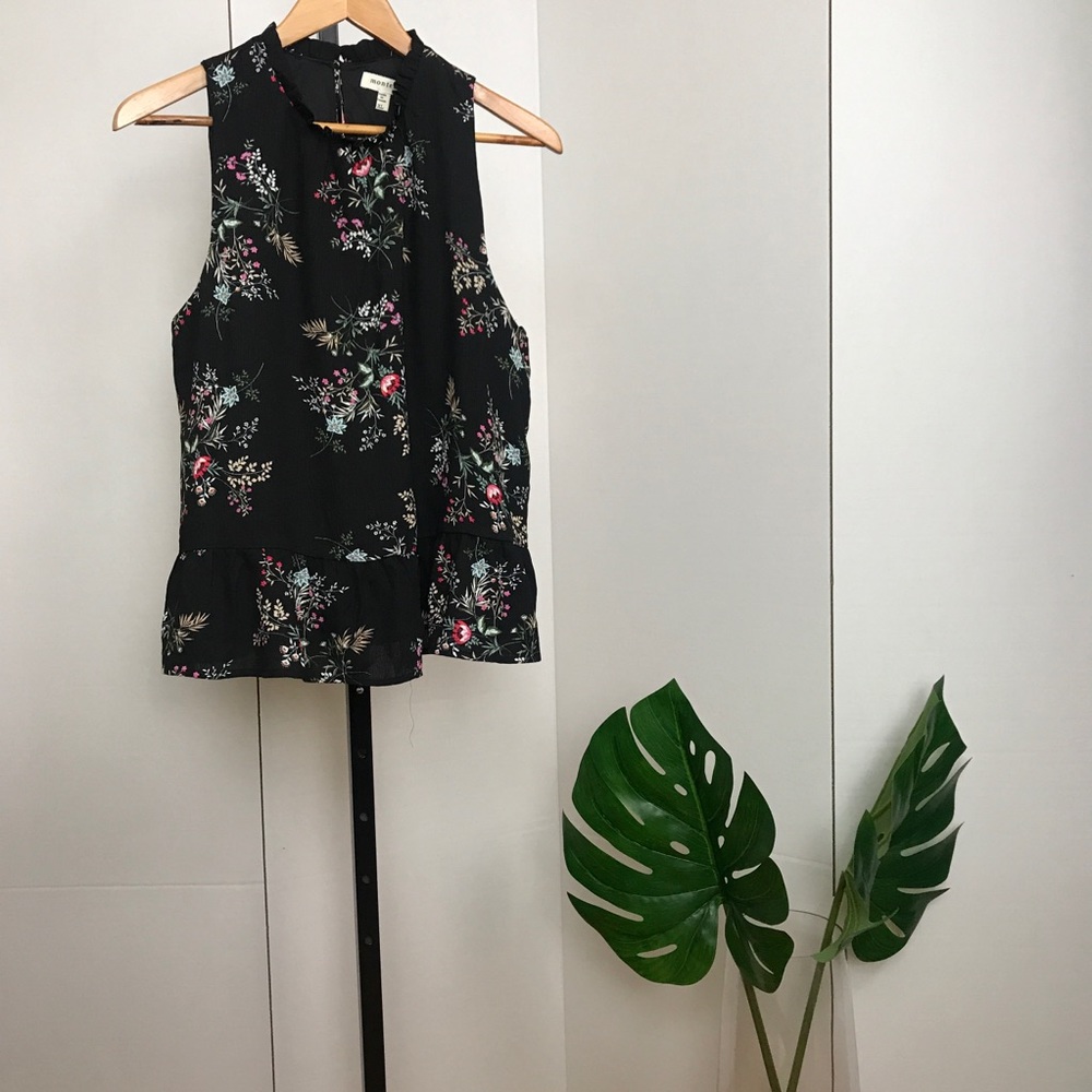 Black Peplum Floral Sleeveless Blouse
